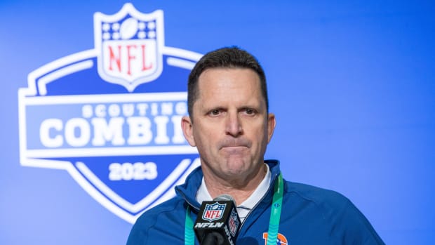 Feb 28, 2023; Indianapolis, IN, USA; Denver Broncos general manager George Paton speaks to the press at the NFL Combine at Lucas Oil Stadium. Mandatory Credit: Trevor Ruszkowski-USA TODAY Sports